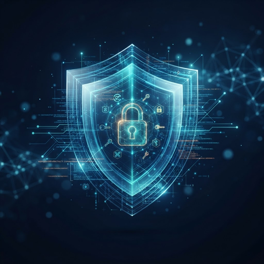 Abstract digital shield formed from secure network connections representing enterprise cybersecurity