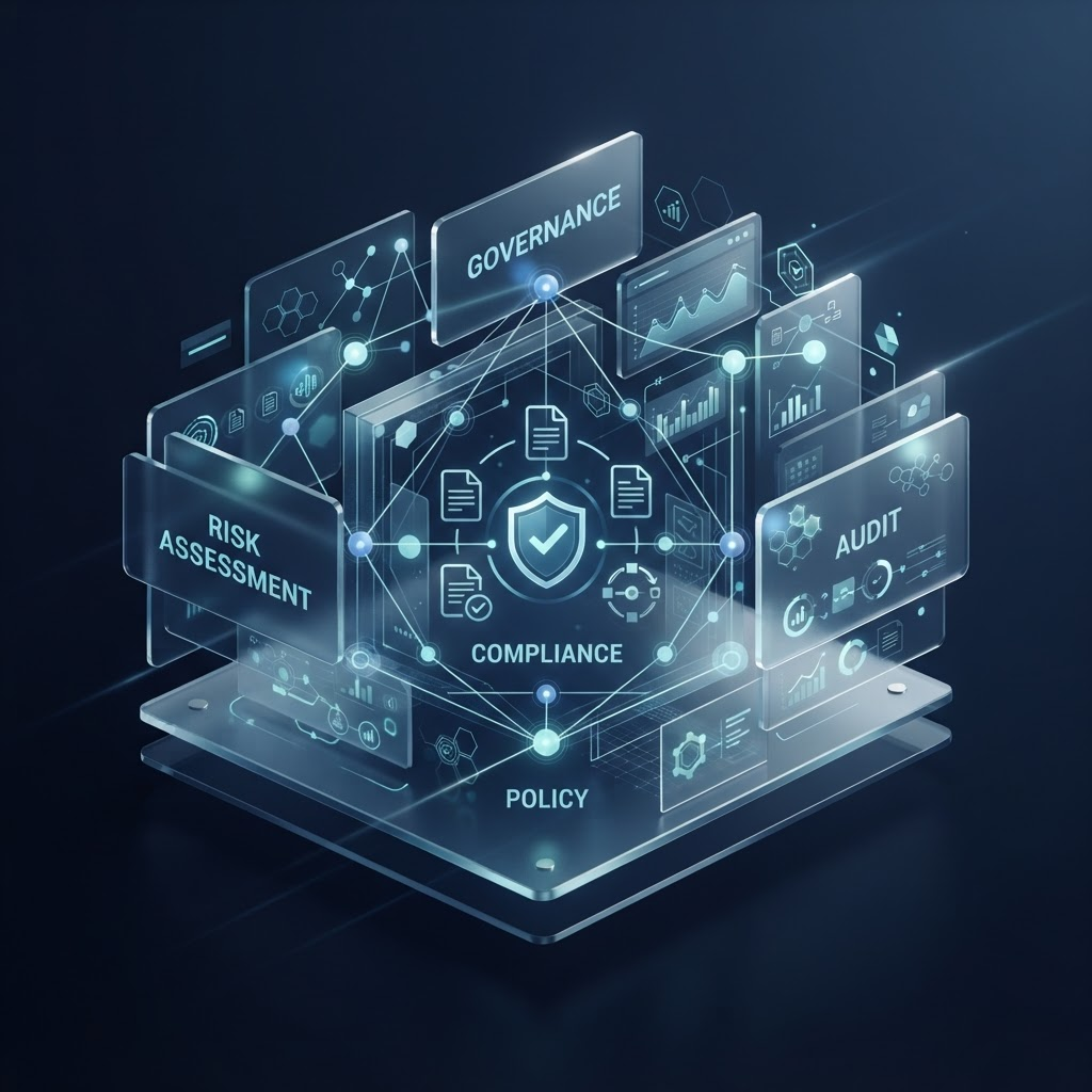 Abstract enterprise governance, risk and compliance framework with shield, checkmark and dashboard motifs represented as connected glowing nodes