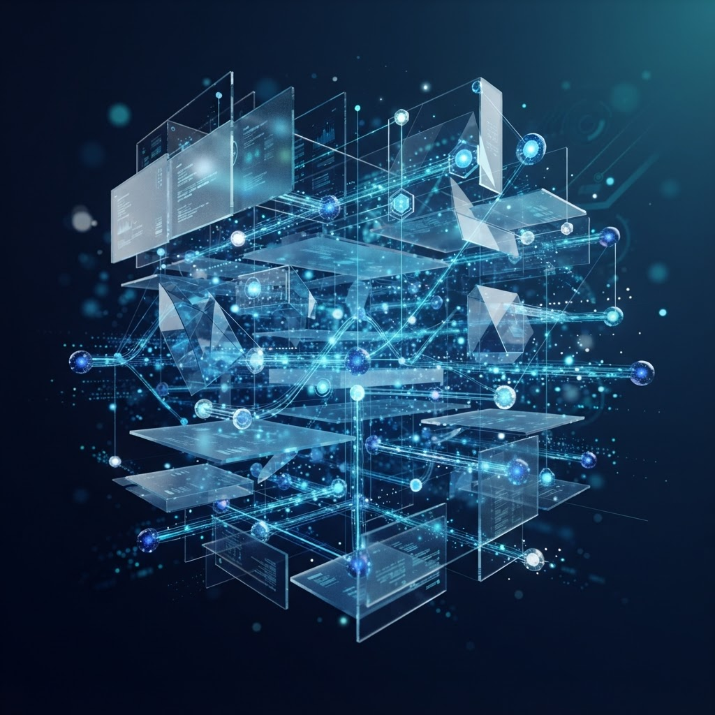 Abstract visualization of a secure, connected enterprise technology infrastructure