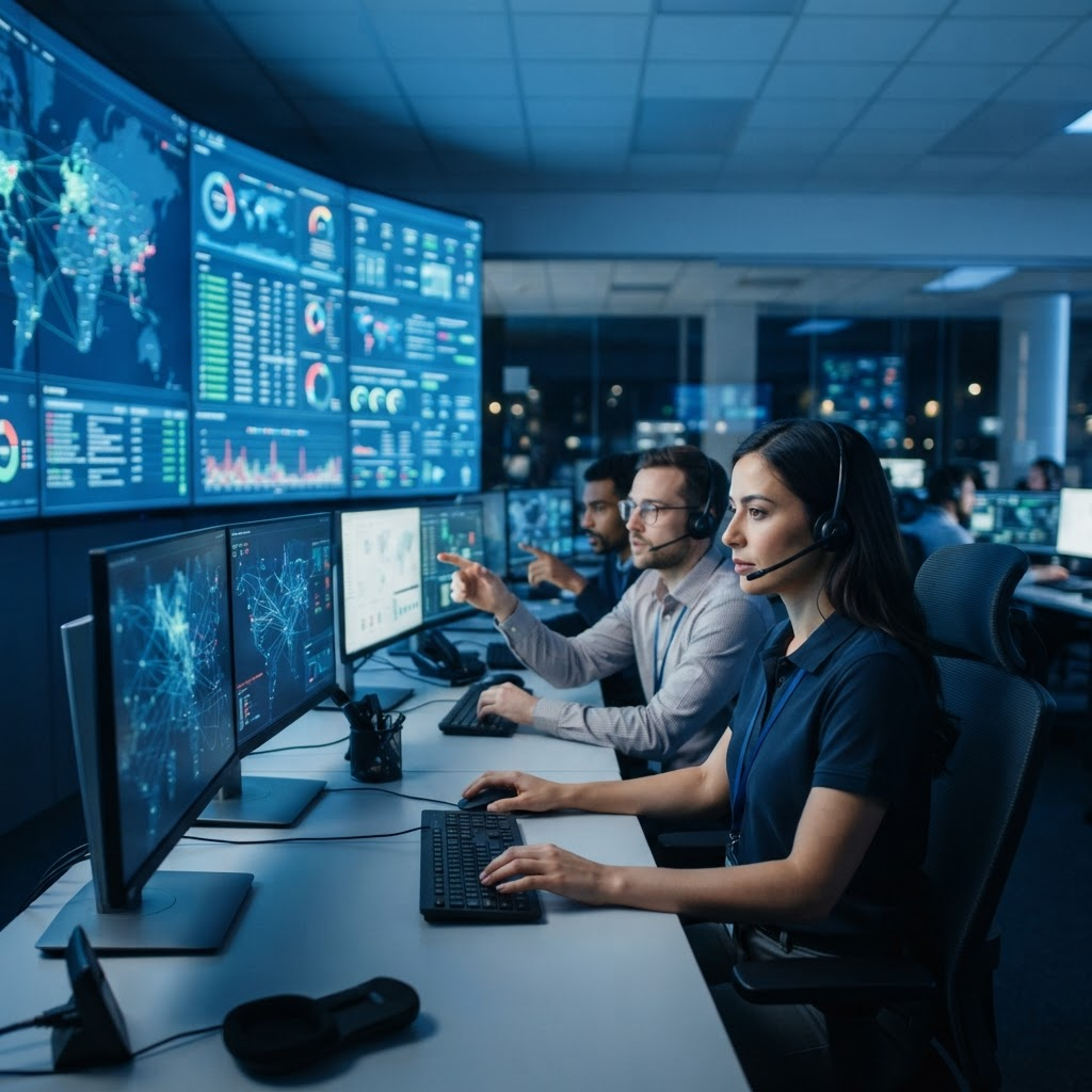 Enterprise network operations center with engineers monitoring live dashboards