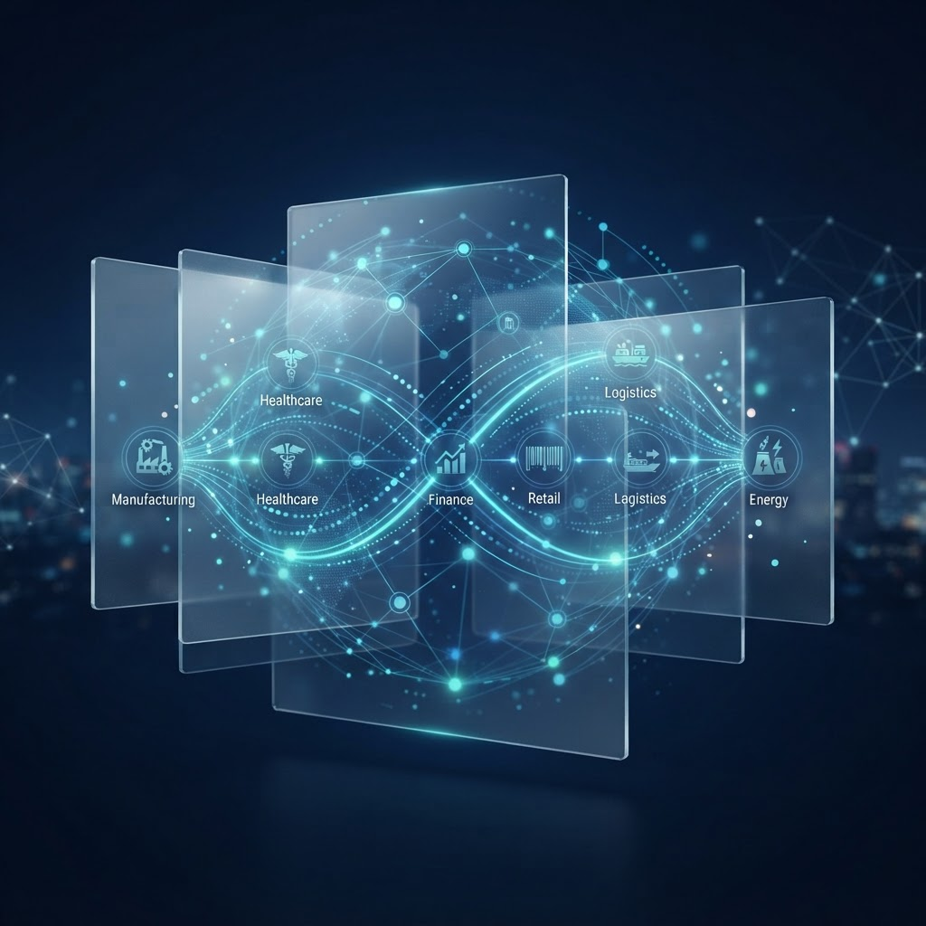 Abstract enterprise visual showing multiple industries connected through a glowing digital technology network