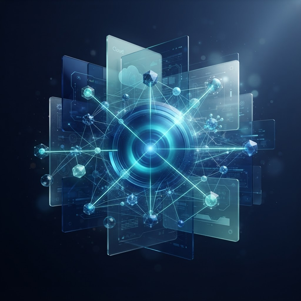 Abstract enterprise technology partner ecosystem with interconnected vendor nodes represented as glowing hub-and-spoke connections